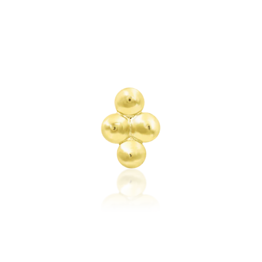 14k gold stud with four polished gold beads arranged in a diamond shape