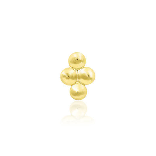 14k gold stud with four polished gold beads arranged in a diamond shape