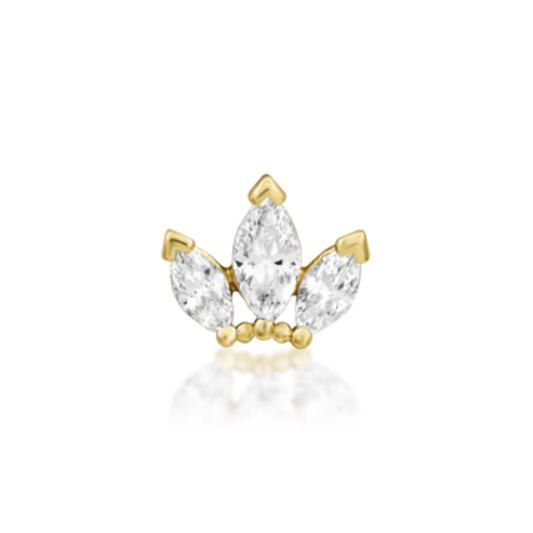 14k gold fan-shaped stud featuring three marquise-cut CZ stones with delicate gold bead detailing.