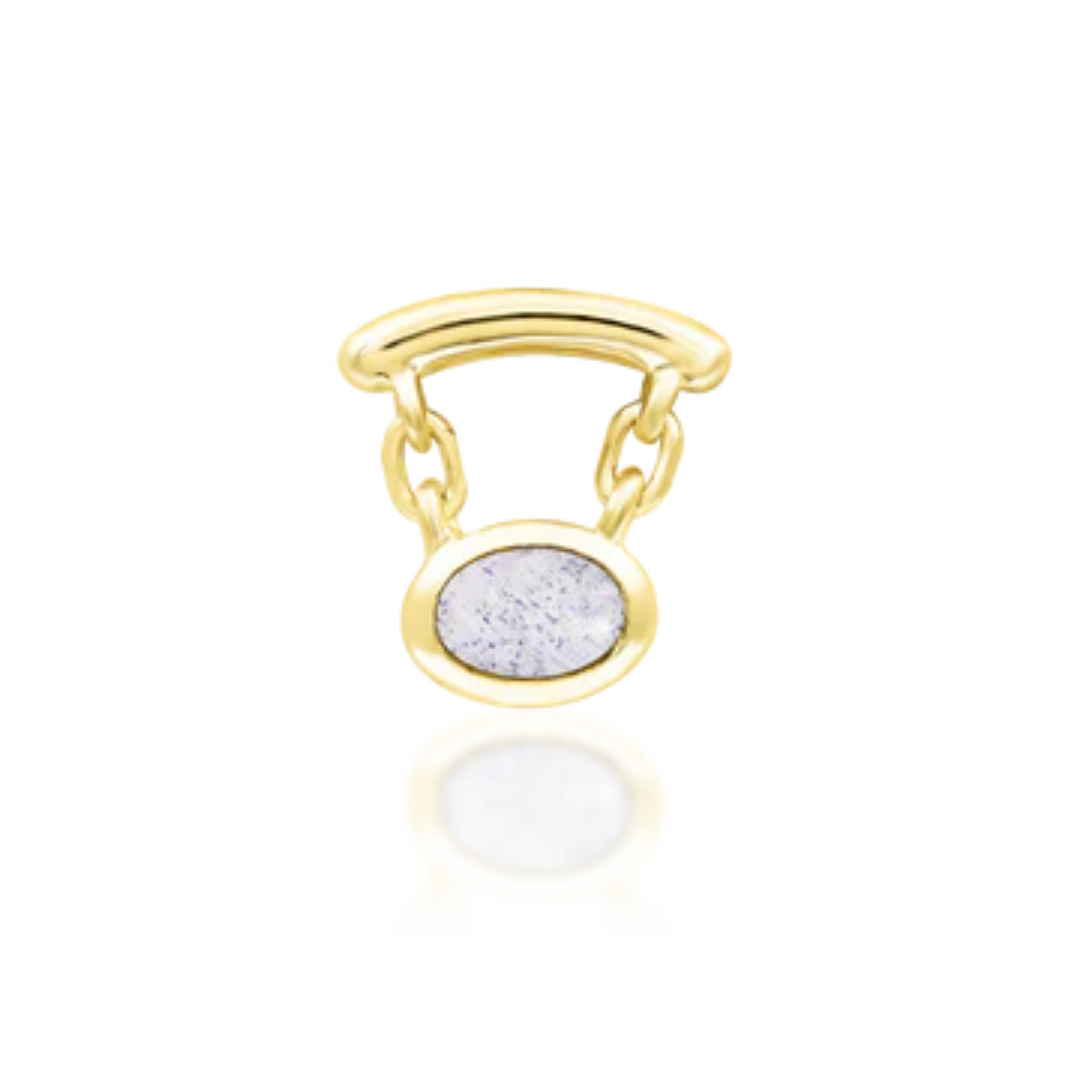 Bella 14k gold chain drop stud with mystic white stone – elegant flat back piercing jewellery