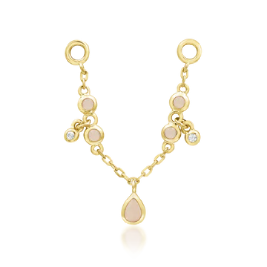 gold double chain charm with pink opals, CZ accents, and teardrop dangle