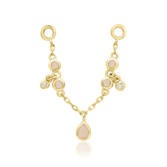 gold double chain charm with pink opals, CZ accents, and teardrop dangle