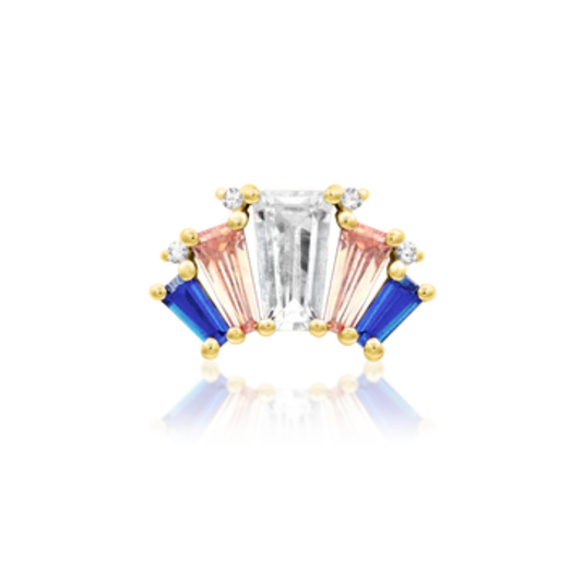 Bernadette 14k gold stud with baguette rainbow CZ – luxury colourful flat back ear piercing jewellery