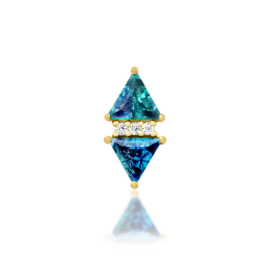 Bessie 14k gold stud with teal blue pyramid-cut CZ and pavé accents – unique flat back piercing jewellery