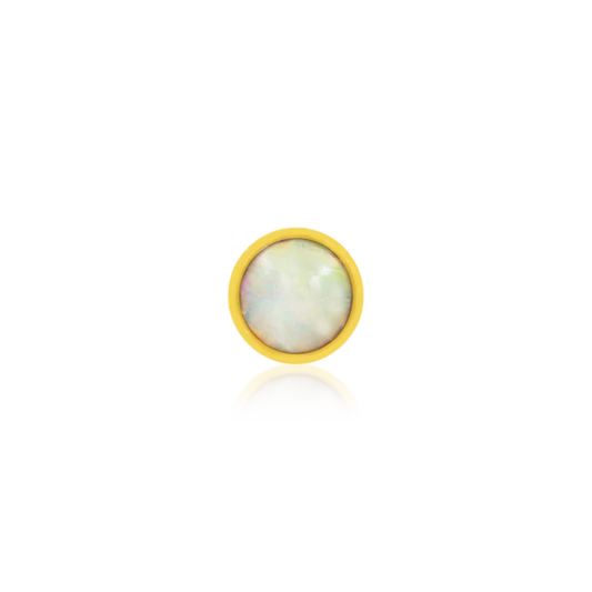 14k gold bezel-set flat back stud featuring a round opal gemstone
