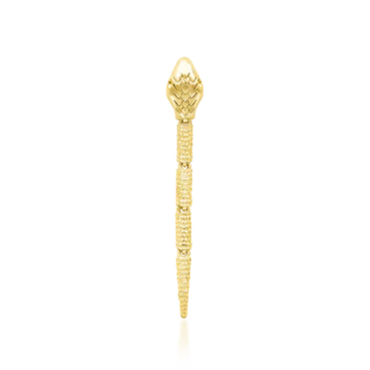 14k gold snake-inspired dangle earring with articulated tail and textured detailing