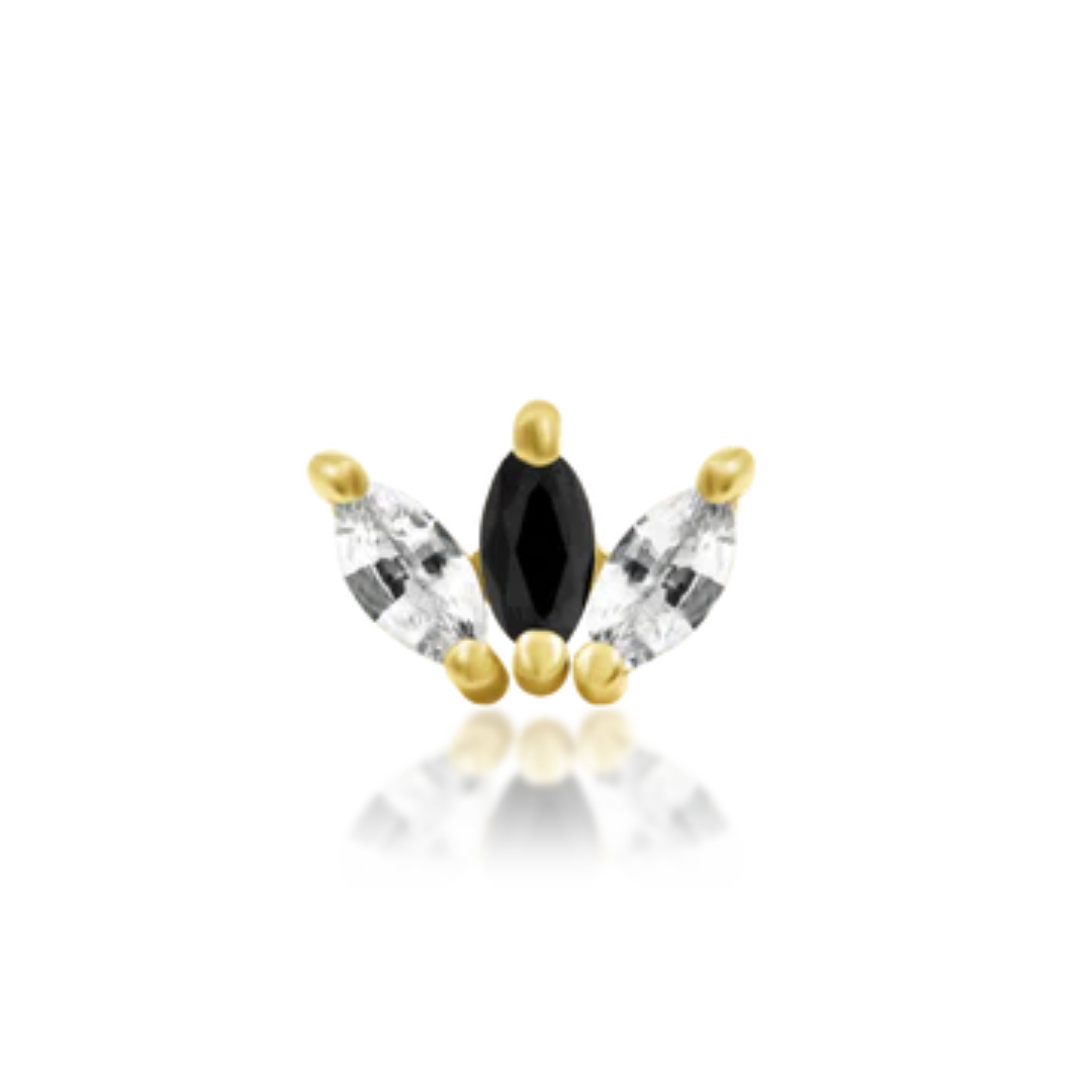 Very shiny 14k gold body jewellery featuring a central marquise-cut black cubic zirconia flanked by two marquise-cut clear CZ stones. A striking, high-contrast piece ideal for helix, flat, or conch piercings