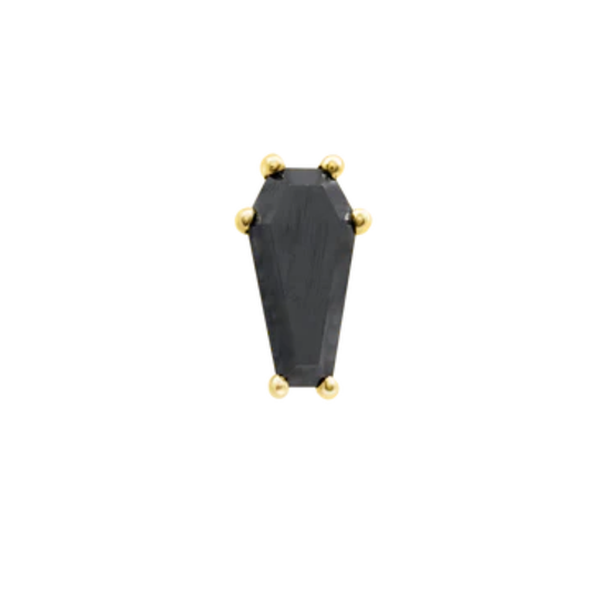 Very shiny 14k gold body jewellery featuring a bold, black coffin-cut stone in a six-prong setting. A gothic-inspired design ideal for flat, helix, or conch piercings