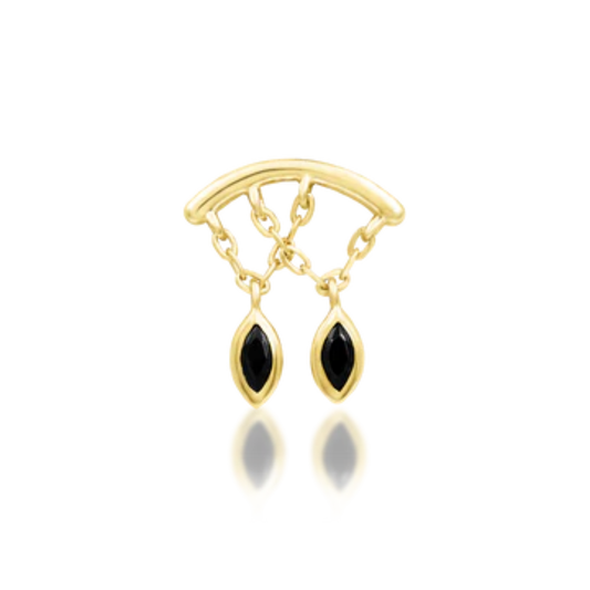 Very shiny 14k gold body jewellery with an arched top bar, dual chain drops, and two marquise-cut black cubic zirconia dangles. A sleek and striking design for helix, flat, or lobe piercings