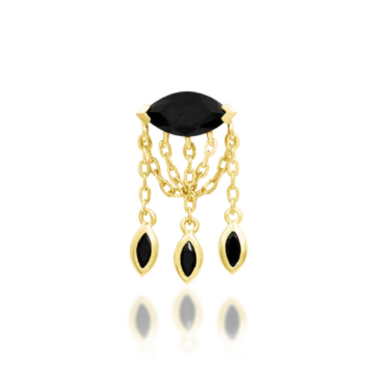 Very shiny 14k gold body jewellery featuring a marquise-cut black cubic zirconia with triple gold chain dangles, each ending in a matching black CZ charm. A bold and graceful option for helix, flat, or lobe piercings