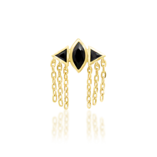 Very shiny 14k gold body jewellery featuring a central marquise-cut black cubic zirconia flanked by two black triangle-cut stones, finished with elegant cascading gold chains. Ideal for helix, flat, or lobe piercings with a dramatic edge.