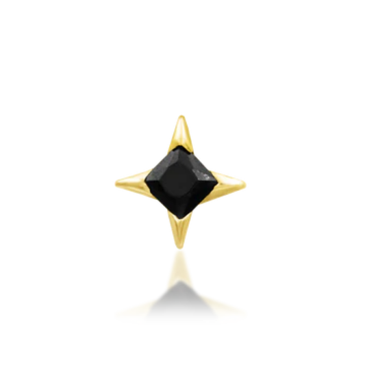 Very shiny 14k gold body jewellery featuring a black square-cut cubic zirconia in a striking north star-style setting. Perfect for helix, flat, or tragus piercings with a bold, celestial vibe