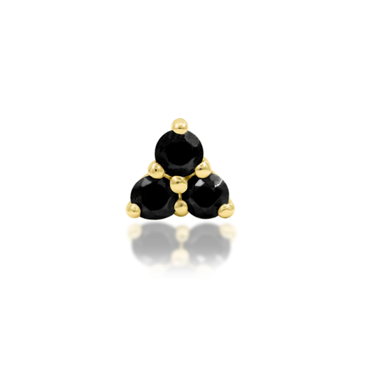 Very shiny 14k gold body jewellery featuring three round-cut black cubic zirconia stones arranged in a sleek triangular cluster. Ideal for helix, tragus, or flat piercings with a modern edge