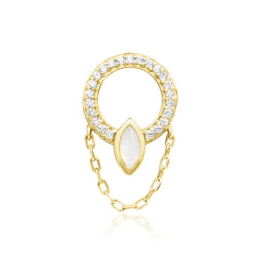14k gold circular piercing with pavé CZs, chain detail, and marquise-cut moonstone, luxury statement jewellery for ear piercings.