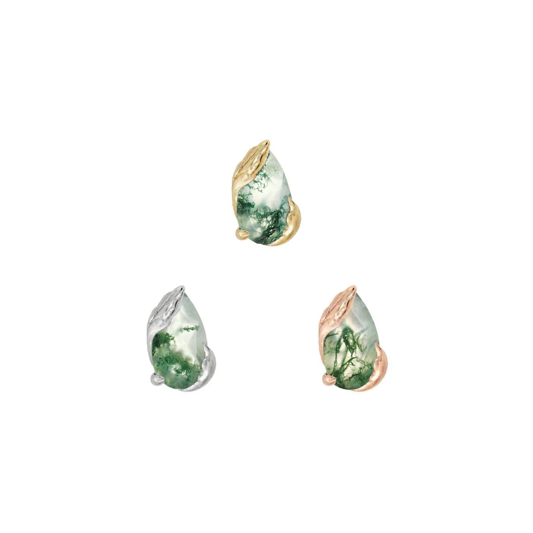 Buddha Jewelry Occasion threadless end with pear cut moss agate in 14k gold