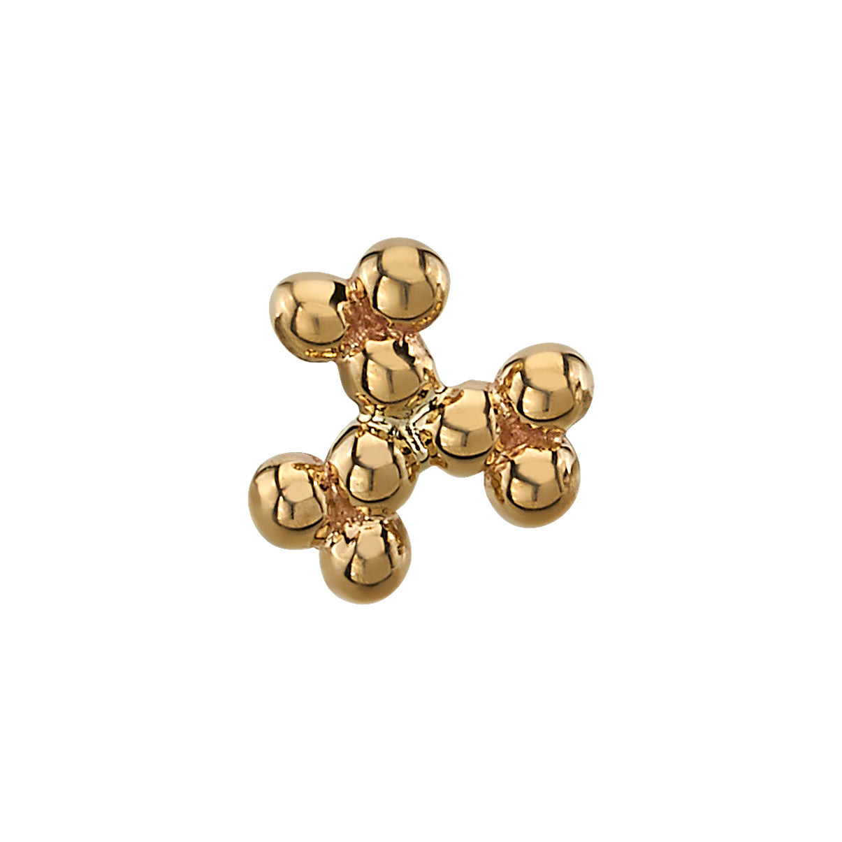 Close-up of BVLA’s 9-bead symbol end in 14k yellow gold, featuring a modern clustered cross shape ideal for helix, conch, or flat piercings.