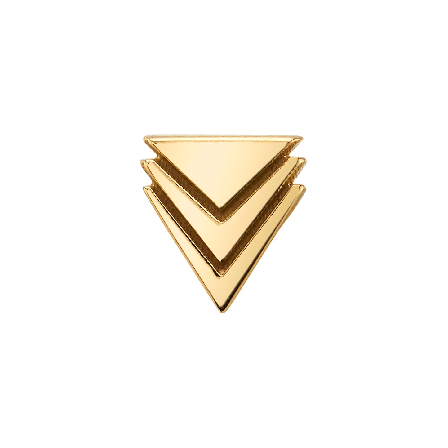 Close-up of BVLA’s Adriel end in 14k yellow gold, featuring three stacked downward-pointing triangles with a polished finish, ideal for flat or helix piercings.