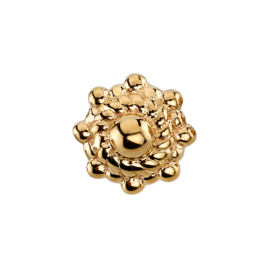 BVLA Ares end in 14k yellow gold, featuring a detailed central bead surrounded by twisted and granulated textures, ideal for flat or conch piercings.