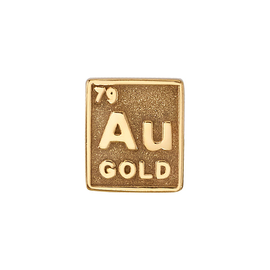 BVLA Au Gold end in 14k yellow gold, designed like a periodic table element with raised 'Au 79 Gold' text, ideal for flat or helix piercings.