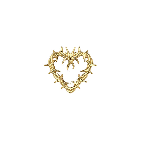 BVLA Barbed Heart end in 14k yellow gold, shaped as an open heart formed from barbed wire, ideal for flat or helix piercings.