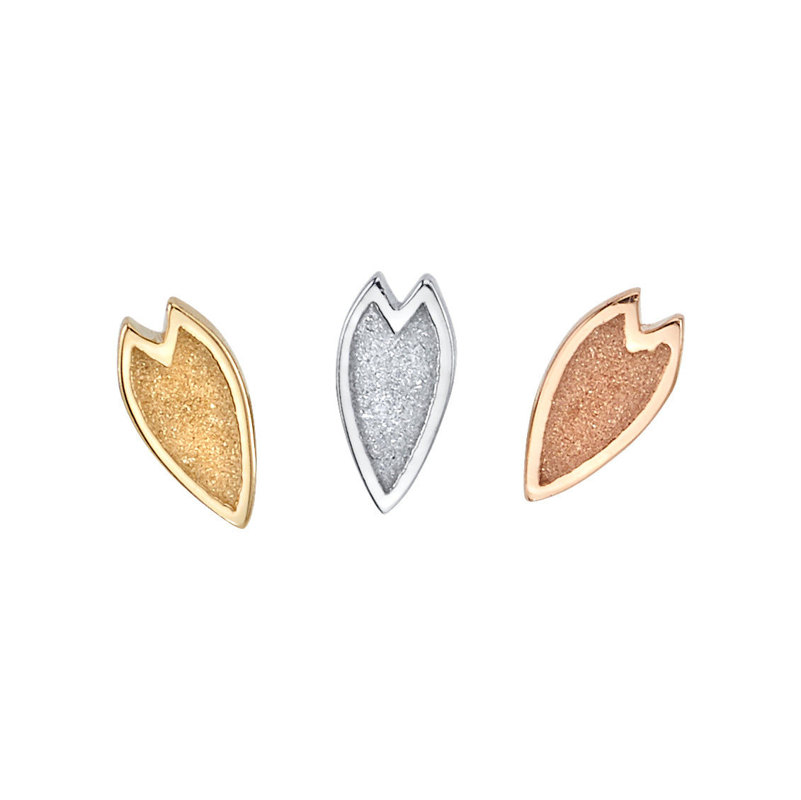 BVLA Cherry Blossom Petal ends in 14k yellow, white, and rose gold, each featuring a textured petal shape with polished edges, ideal for helix or flat piercings.