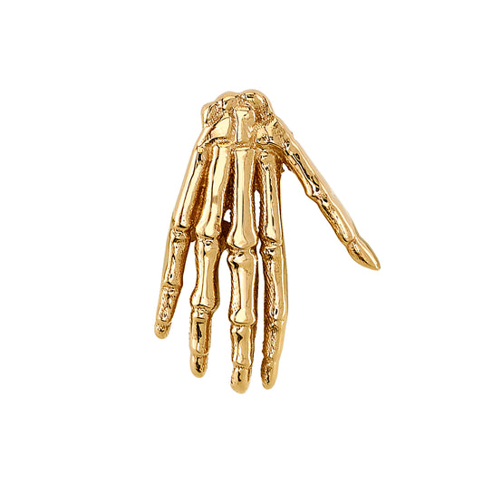 BVLA Crypt Keeper end in 14k yellow gold, featuring a detailed skeletal hand design, ideal for gothic-inspired flat or helix piercings.