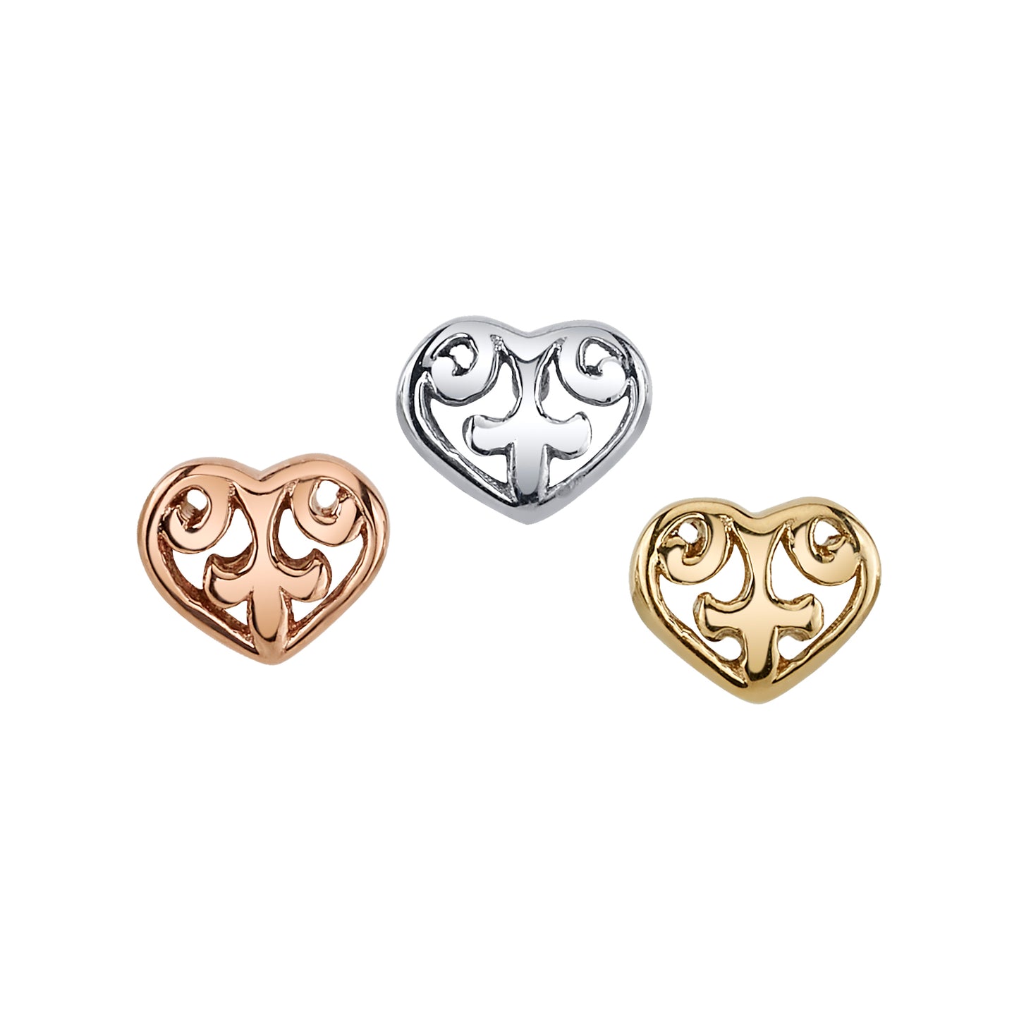 BVLA 14k gold filigree heart body jewellery ends in yellow, white, and rose gold, luxury high-end piercing accessories for helix, conch, and lobe piercings