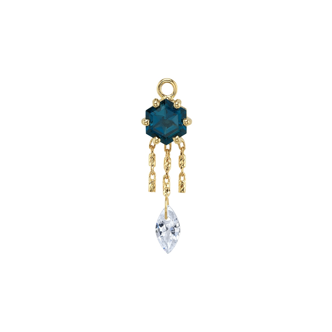 BVLA Petunia charm in 14k gold with 5mm London Topaz hexagon and marquise white CZ on Miranda chain.