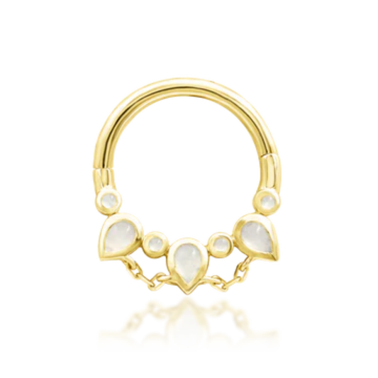 Junipurr Jewellery Catalina gold clicker ring with moonstone teardrops and delicate chain detail