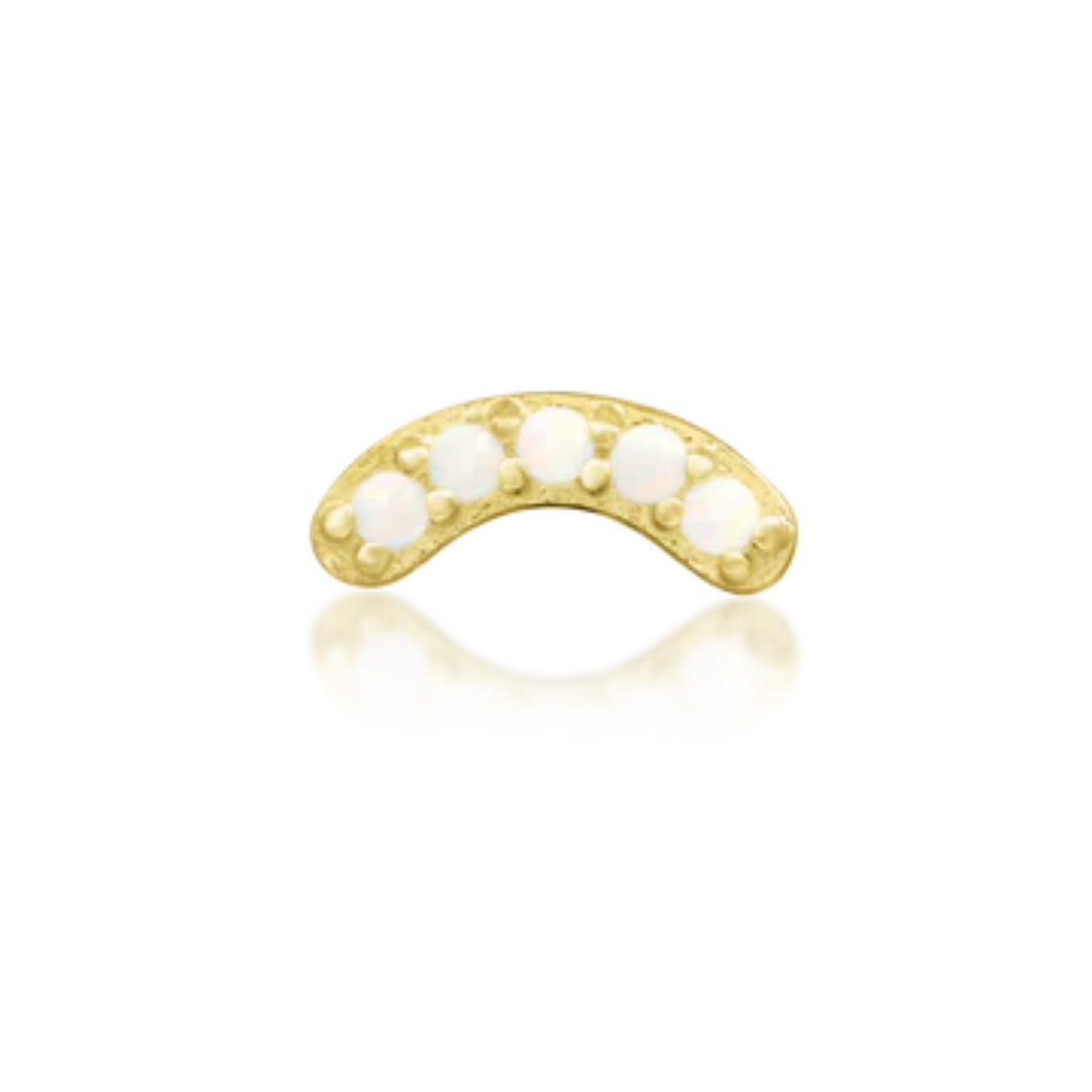 Very shiny 14k gold curved body jewellery featuring five luminous round opals in a soft arc shape. A subtle, elegant accent ideal for helix, rook, or flat piercings