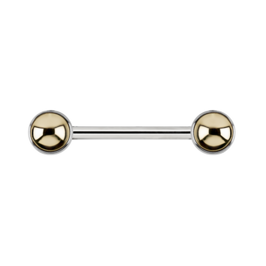 Le Roi Jewelry Doublette Side-Set industrial barbell with gold domed ends and titanium straight bar