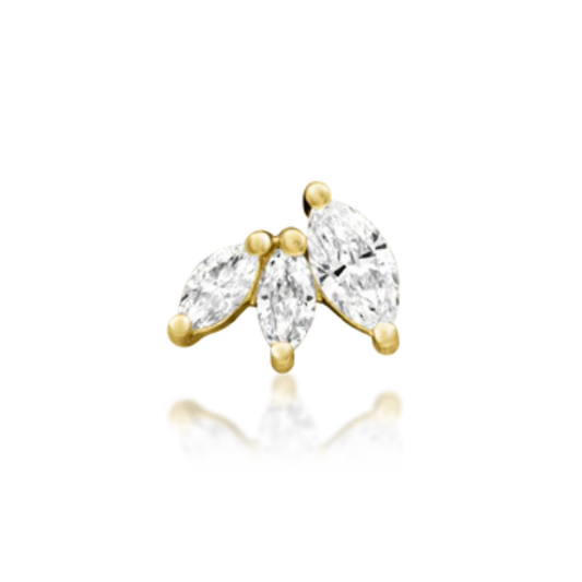 Gold stud with three marquise-cut genuine diamonds arranged in a fan-like design