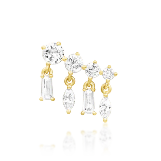 Gold ear stud with round, marquise, and baguette-cut cubic zirconia dangles in a cascading cluster.