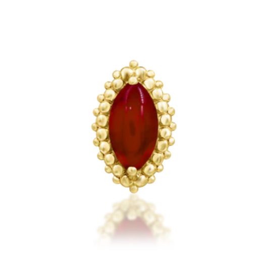 Marquise-cut deep red stone set in a beaded gold frame, elegant decorative ear stud.