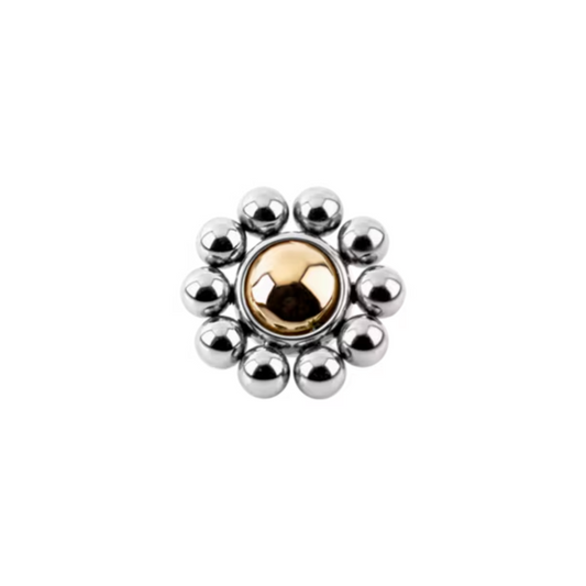 Le Roi Jewelry Flora end with yellow gold centre and polished titanium orbs, flower-shaped threadless end