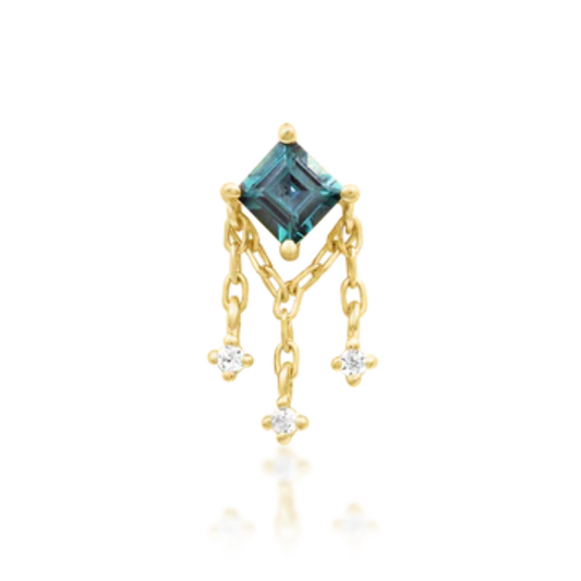 14k gold stud featuring a square-cut deep teal gem with three chain drops ending in white CZ accents.