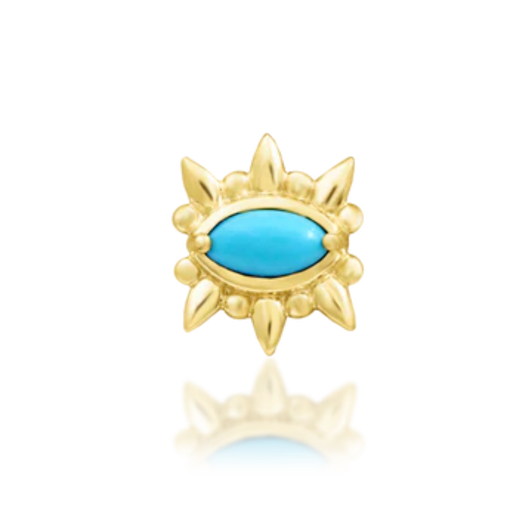 14k gold piercing stud with a marquise-cut turquoise centre and radiating sunburst detailing