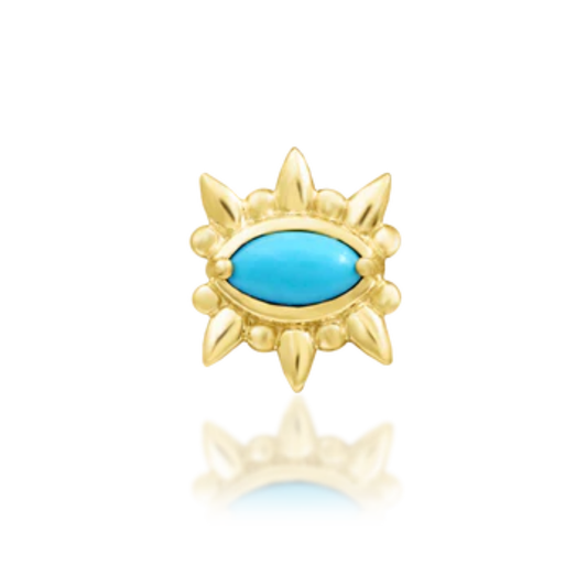 14k gold piercing stud with a marquise-cut turquoise centre and radiating sunburst detailing