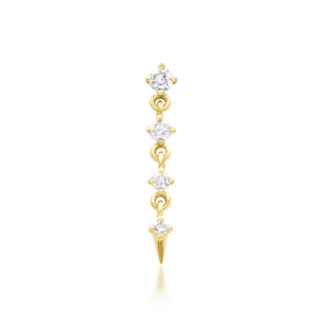 Long 14k gold dangle stud with white diamond gems and spike drop.