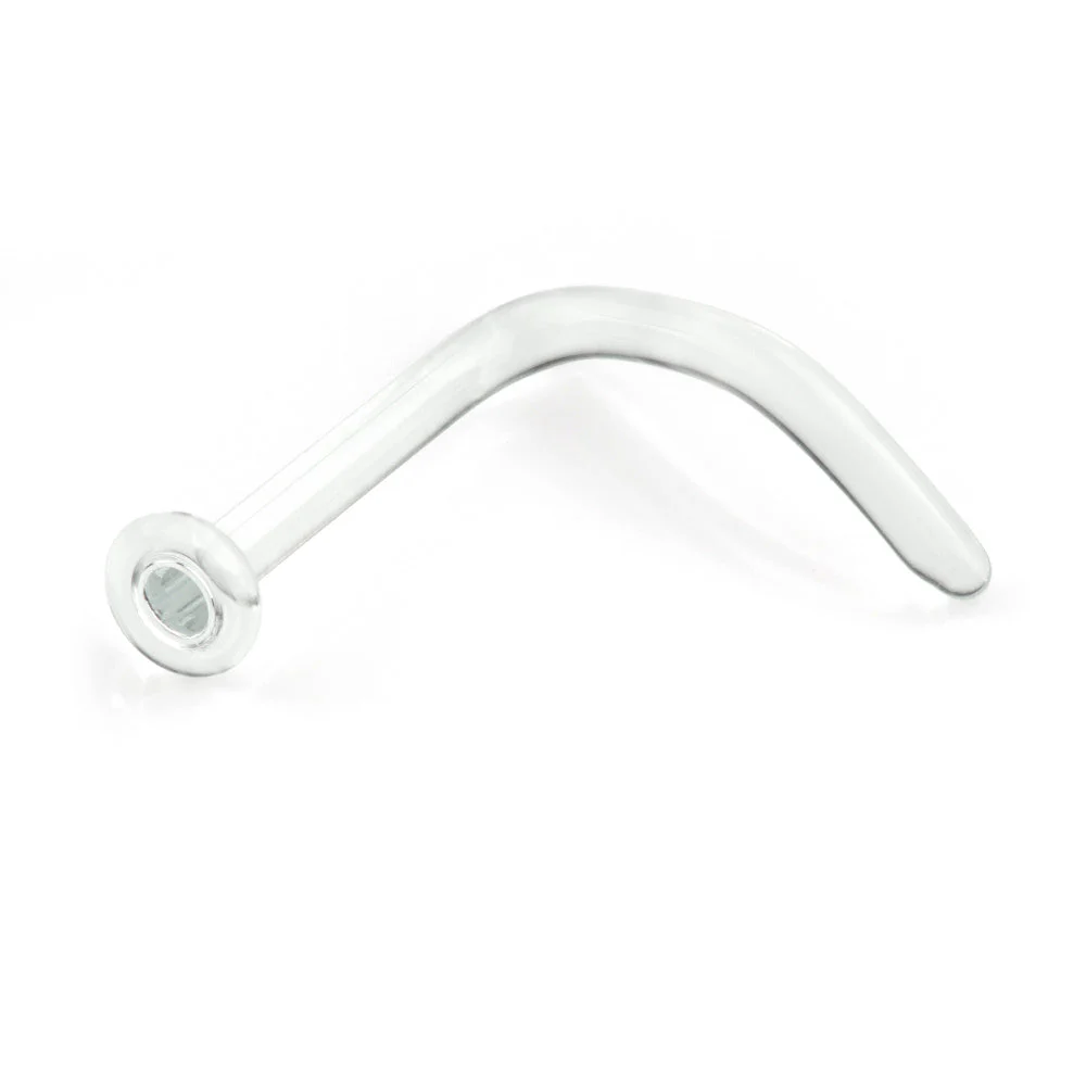 Clear curved borosilicate glass nose stud retainer with a flared end and smooth angled post for discreet nostril wear