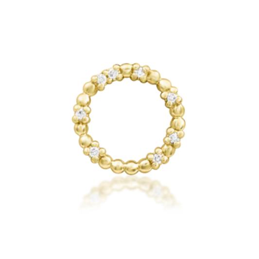 Very shiny 14k gold body jewellery featuring a beaded circular design accented with sparkling round-cut clear cubic zirconia clusters. A timeless, luxe look ideal for flat, conch, or lobe piercings