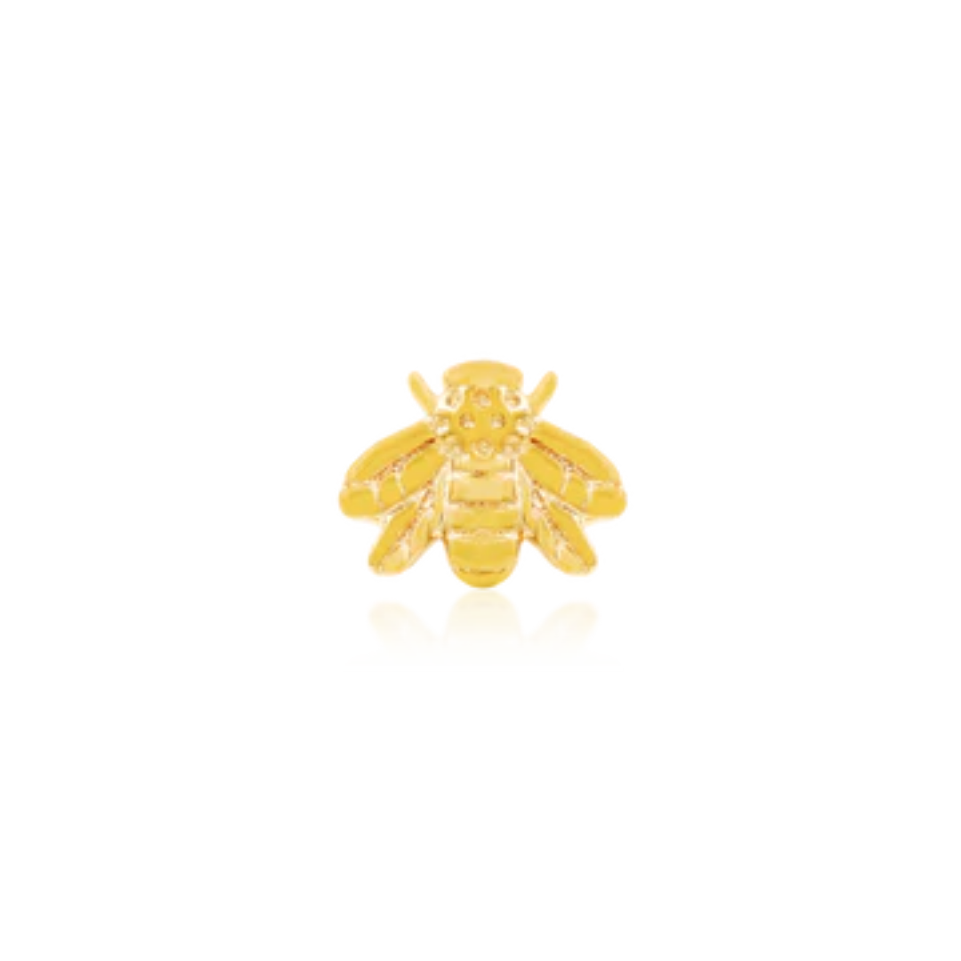 Tiny 14k gold bee piercing end with detailed wings and a high-polish finish.