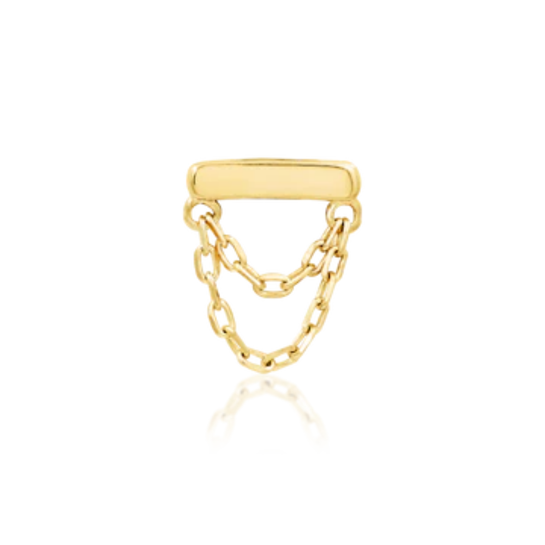 Very shiny 14k gold body jewellery featuring a sleek horizontal bar with two cascading gold chains. A minimalist statement perfect for helix, flat, or lobe piercings
