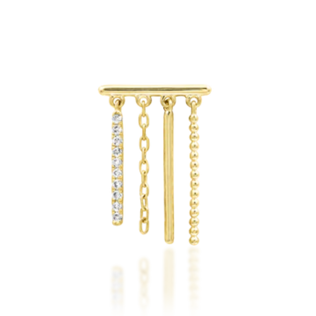 Very shiny 14k gold body jewellery with four dangling strands—one lined with clear cubic zirconia and three with varying gold chain textures. A dynamic statement piece perfect for lobe or flat piercings