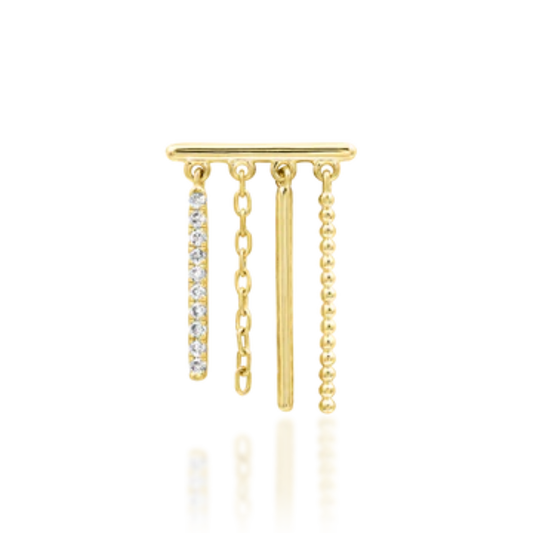 Very shiny 14k gold body jewellery with four dangling strands—one lined with clear cubic zirconia and three with varying gold chain textures. A dynamic statement piece perfect for lobe or flat piercings