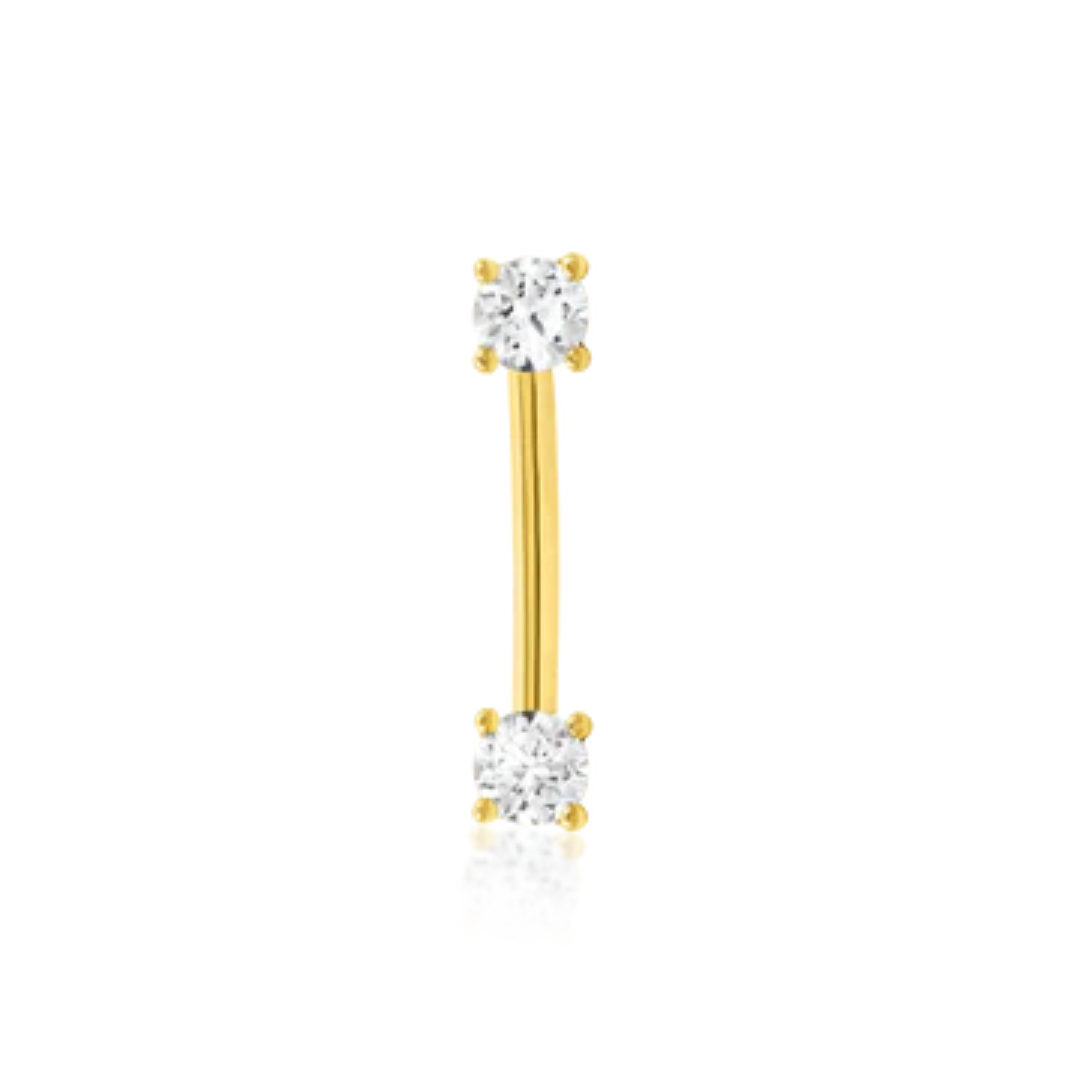 Very shiny 14k gold curved barbell with two round-cut cubic zirconia stones in prong settings, internally threaded for comfort and security. Designed for vertical piercings like rook or eyebrow.