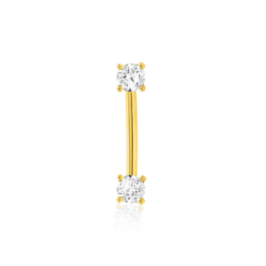 Very shiny 14k gold curved barbell with two round-cut cubic zirconia stones in prong settings, internally threaded for comfort and security. Designed for vertical piercings like rook or eyebrow.
