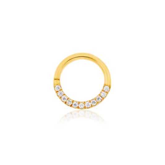 14k gold seam ring with row of cubic zirconia stones