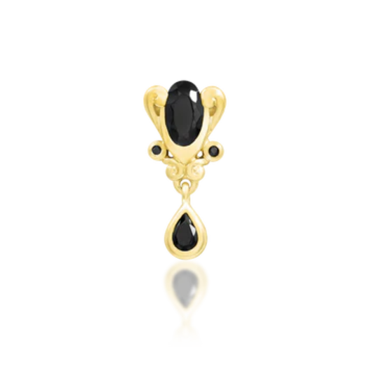 Very shiny 14k gold piercing stud featuring an ornate design with black cubic zirconia in marquise, round, and pear cuts, including a drop dangle detail for added elegance