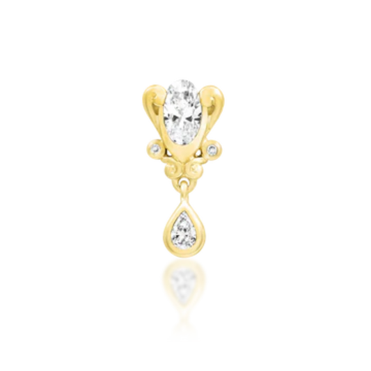 Very shiny 14k gold piercing stud with a vintage-inspired silhouette, set with white cubic zirconia in marquise, round, and teardrop shapes, featuring a dangling accent for elegant movement.